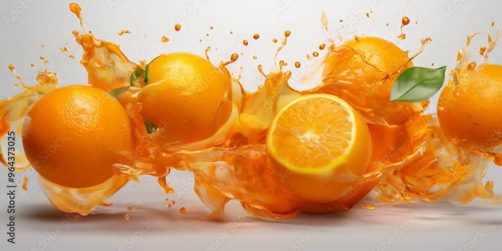 Wall mural a vibrant splash of orange juice surrounds six whole oranges and a single orange slice, creating a d