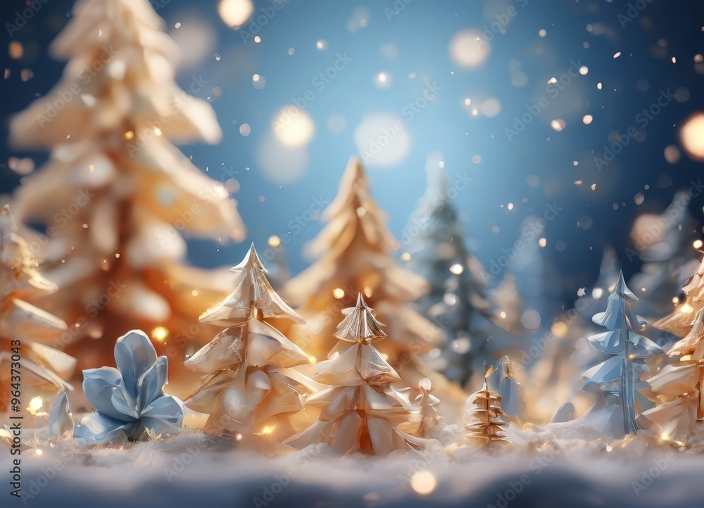 Poster a winter scene with a group of paper christmas trees in the foreground, illuminated by a soft glow, 