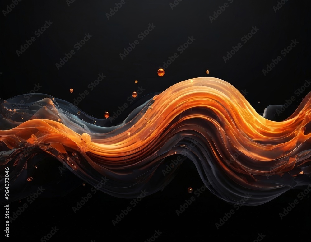 Poster dynamic, abstract representation of a wave-like shape, with a gradient of orange and black colors. t