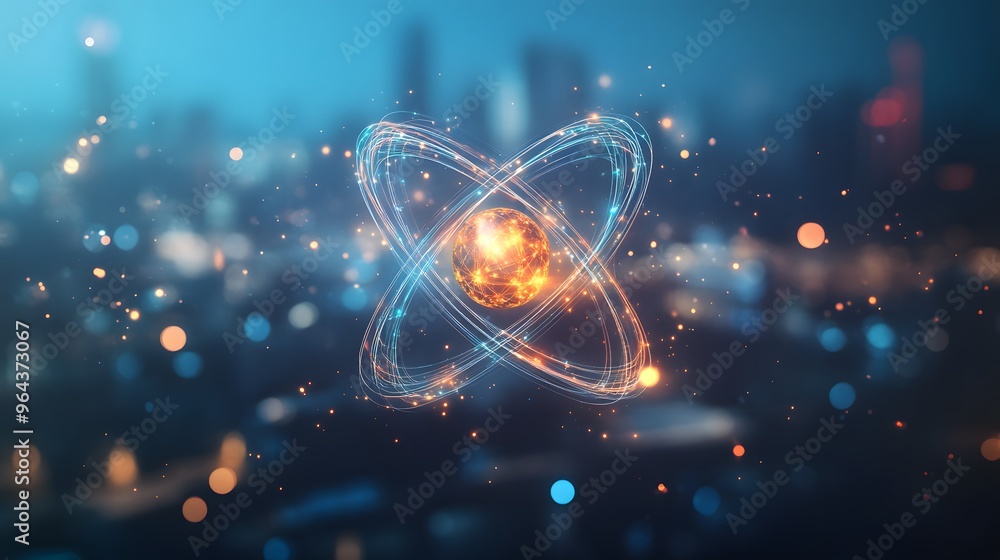 Poster abstract atomic structure with glowing lines and bokeh