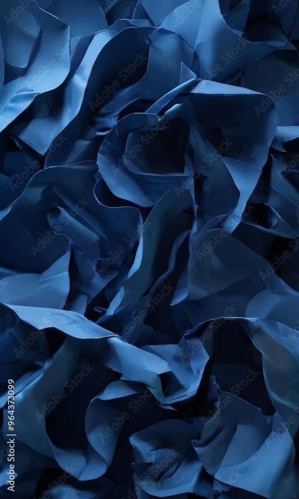 Poster a close-up of crumpled, blue paper, showcasing the intricate folds and creases that create a texture
