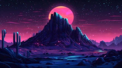 Fototapeta premium Futuristic Desert Landscape with Pink Moon and Stars