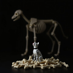 skeleton and toy cat