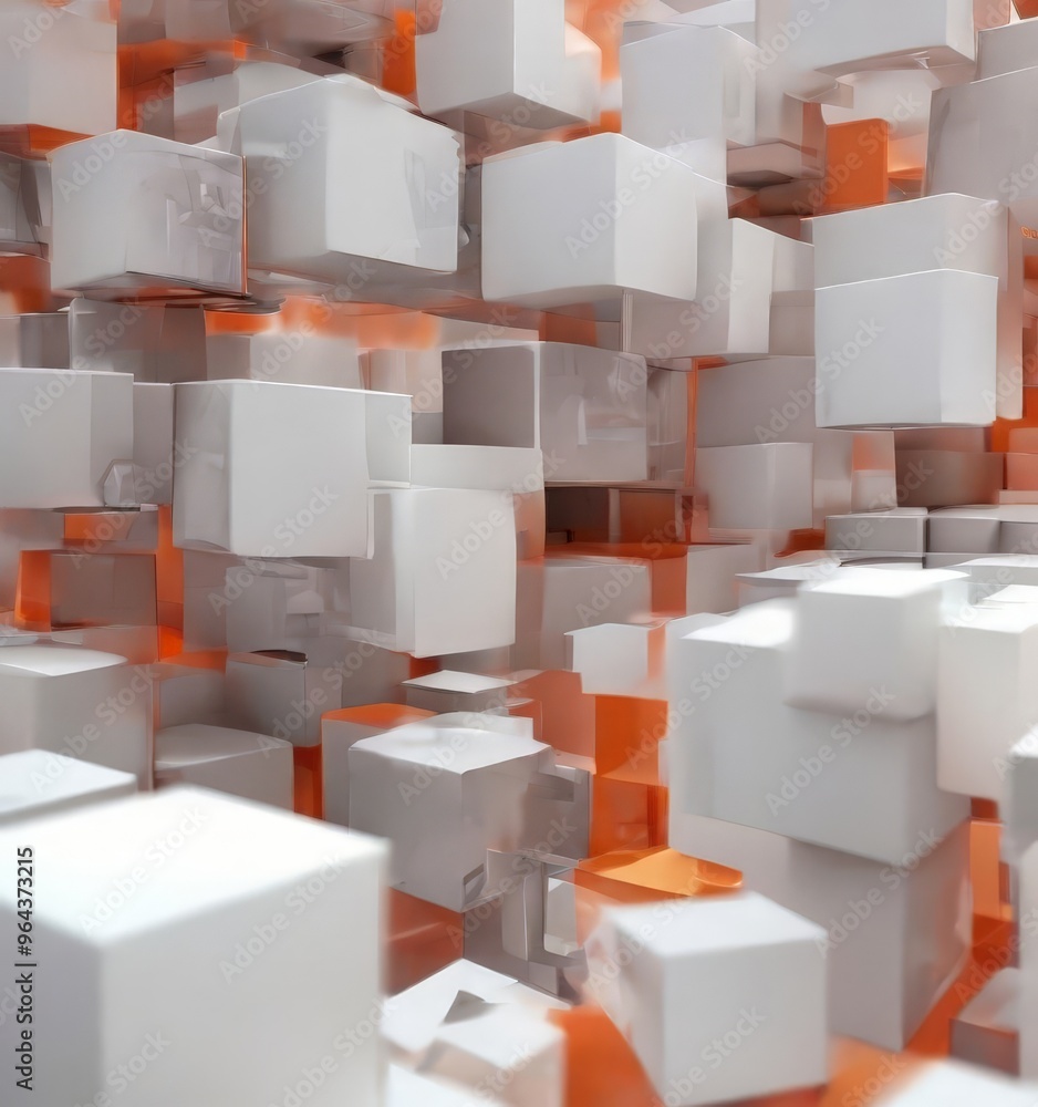 Poster complex arrangement of white cubes, some with orange accents, creating a visually striking and abstr