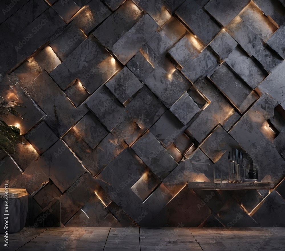 Poster a modern, geometric wall design with a dark, textured surface composed of square panels arranged in 