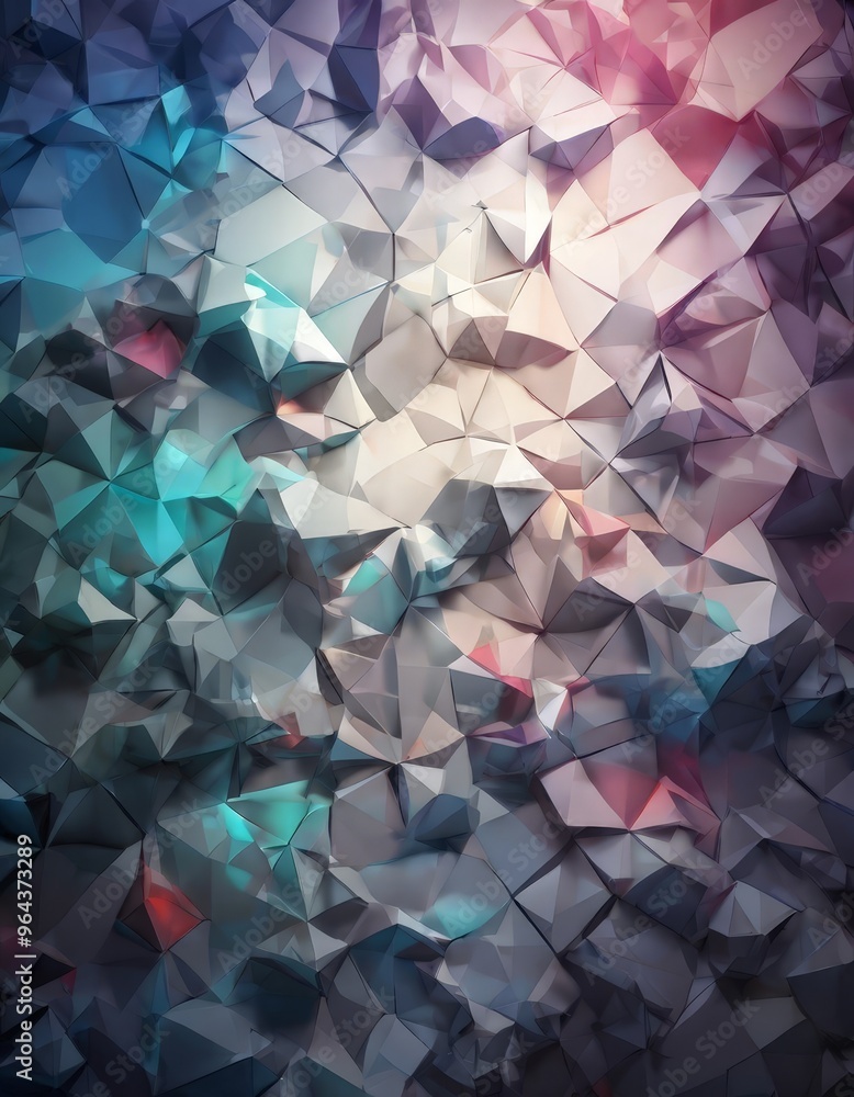 Poster a digital art piece featuring a complex pattern of overlapping triangular shapes in various shades of blue, purple, and pink, creating a visually striking and abstract composition.