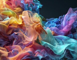 a vibrant abstract composition featuring a swirling pattern of multicolored smoke or vapor, with hues of pink, orange, yellow, blue, and purple. The background is a solid black,