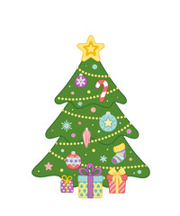 Christmas tree with decorations, lights and gifts. Christmas tree. Cartoon, vector