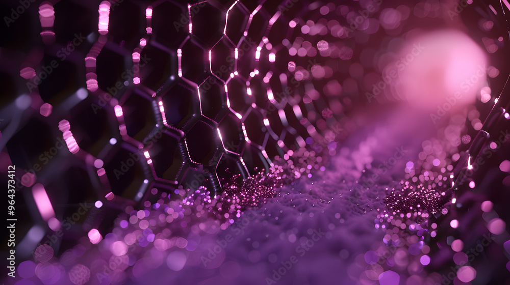 Poster futuristic beehive interior and hexagonal cells operating as quantum computers and pollen particles 