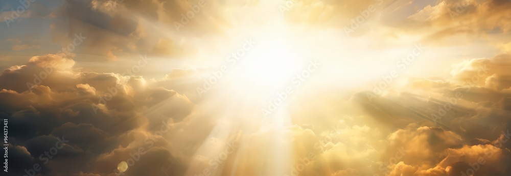 Poster a dramatic sky with dramatic clouds and rays of light bursting through, creating a sense of awe and 