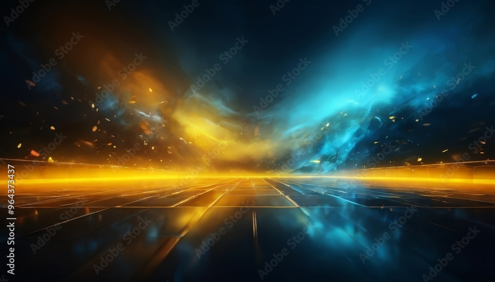 Poster futuristic cityscape with a grid-like pattern of glowing lines, reflecting the vibrant colors of the