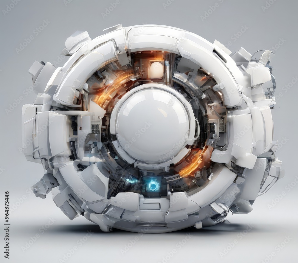 Poster a futuristic, white, circular device with a central glowing blue light, surrounded by various metall