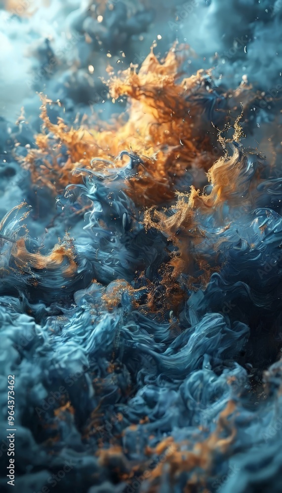 Poster a swirling, abstract pattern of blue and orange hues, with splashes of gold and white, creating a dy