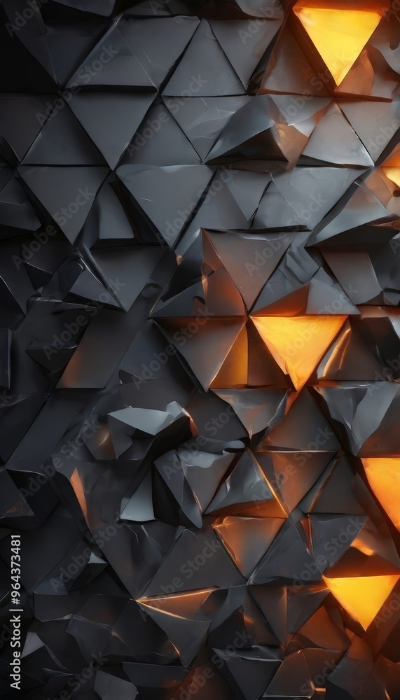 Poster complex arrangement of black and orange triangles, creating a visually striking pattern. the triangl