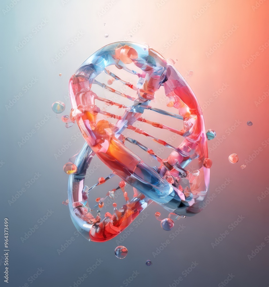 Poster a a dna helix composed of transparent, colorful spheres and lines, set against a gradient background
