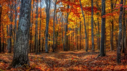 Obraz premium Vibrant autumn forest, crisp leaves, HDR color explosion