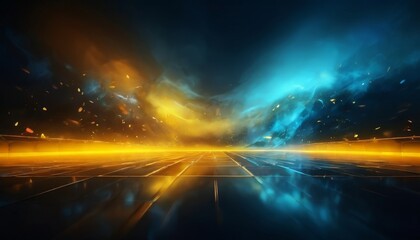 futuristic cityscape with a grid-like pattern of glowing lines, reflecting the vibrant colors of the sky and clouds. The city is illuminated by a mix of yellow, orange, and blue