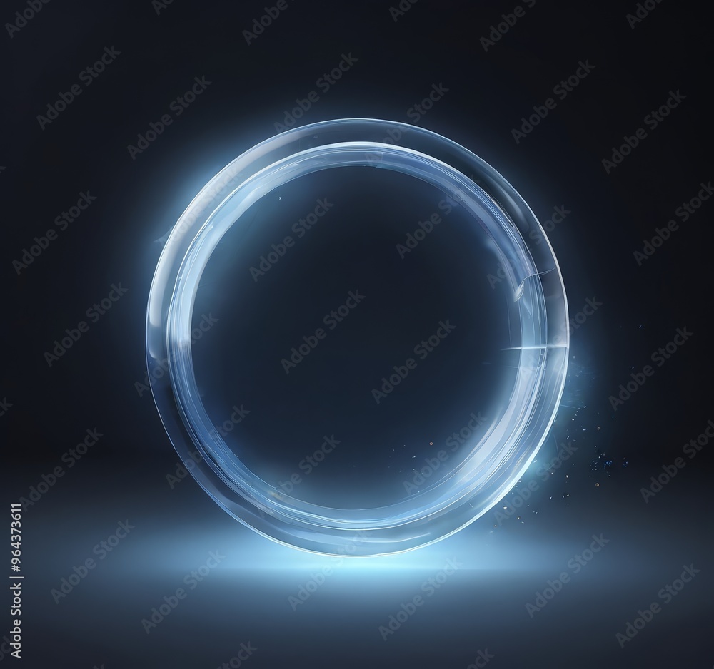 Aufkleber a transparent, circular object with a reflective surface sits on a dark background, illuminated by a