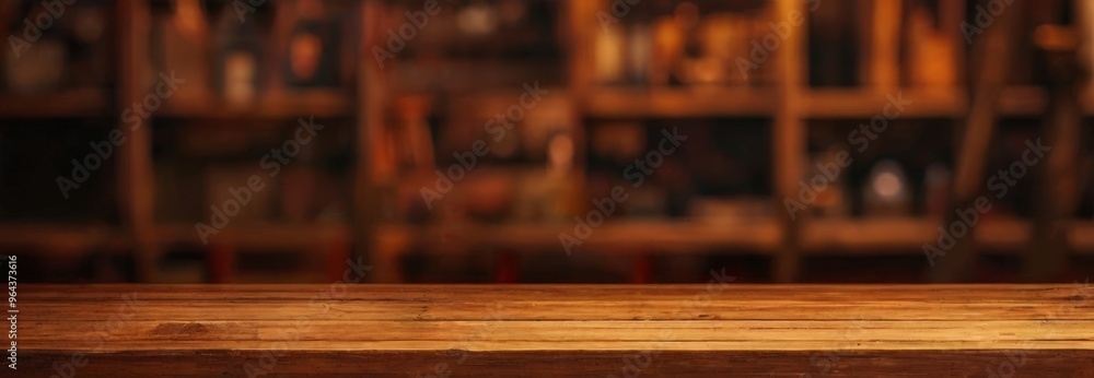Poster a wooden table in the foreground with a blurred background of a bar or store shelf with various item