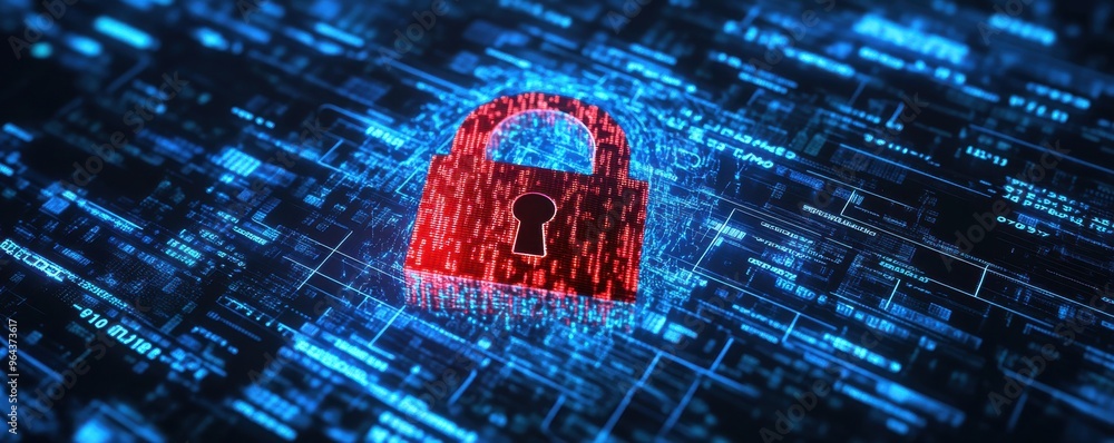 Poster digital security concept with a glowing red lock symbol against binary code background, representing