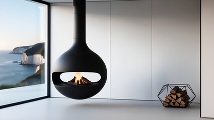 Modern, minimalist interior with a suspended, black, cylindrical fireplace as the focal point.