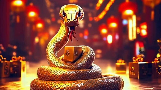 Traditional Gold Chinese Snake. Chinese style for Chinese New Year greetings 2025 celebration.