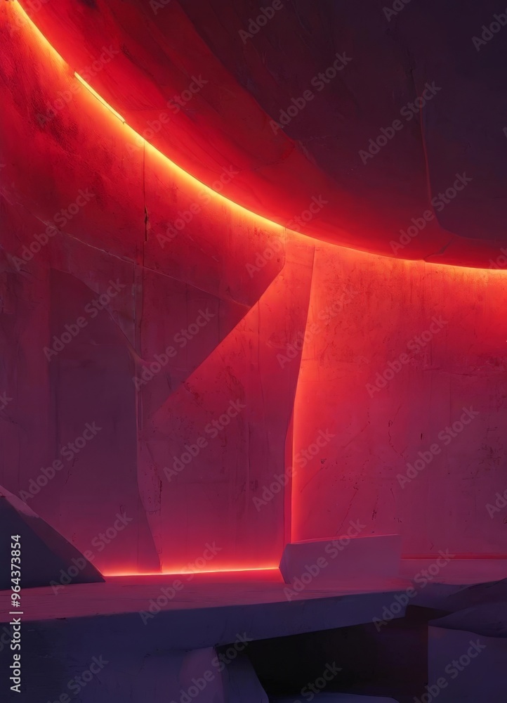 Poster a modern architectural space with a curved ceiling and a red light source illuminating the walls and