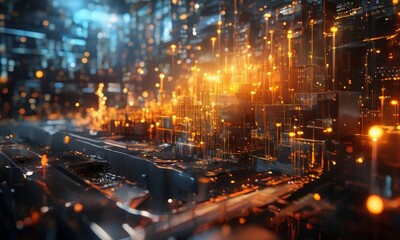 Fototapeta premium a futuristic cityscape with a complex network of glowing lines and lights, creating a sense of depth and dimensionality.