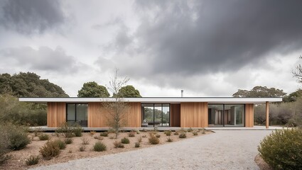 minimalist design, featuring a flat roof and a combination of wood and glass exterior