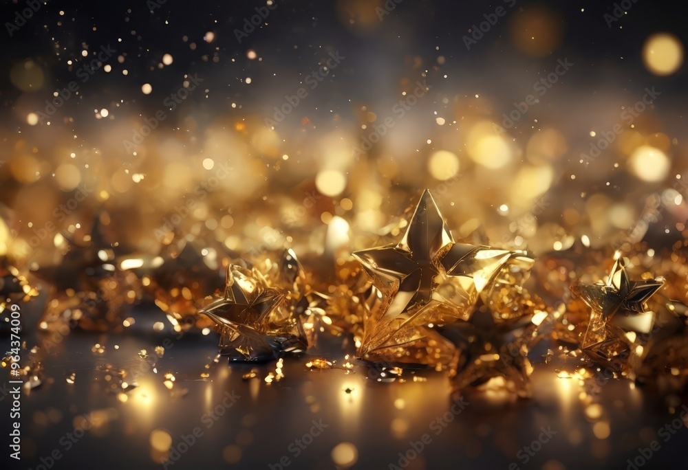 Poster close-up view of golden stars scattered across a dark background, creating a shimmering and sparklin