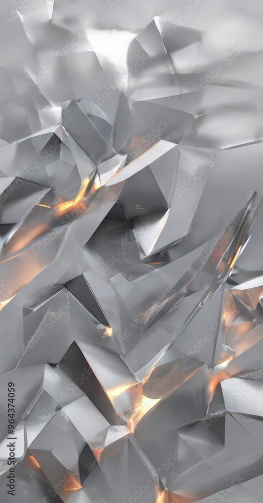Poster complex, abstract pattern of overlapping triangular shapes in shades of gray and orange, creating a 