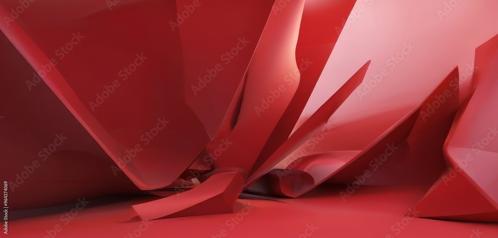 Poster a abstract red shapes and forms, creating a dynamic and visually striking composition.