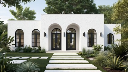 modern, single-story house with a minimalist design. The exterior features a white, textured stucco finish and large, arched windows and doors with black frames.