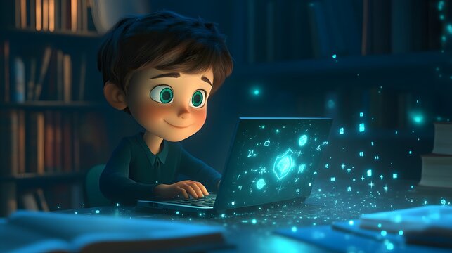 Cute Boy Using Laptop With Magical Glow