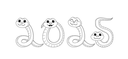 Coloring book. Snake in form of numbers 2025. Black and white snake. Vector.