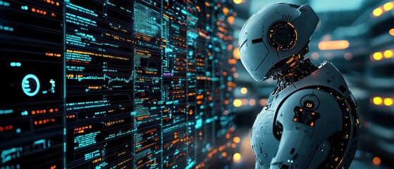 A conceptual 3D render of a robot executing high-speed algorithmic trading operations in a virtual trading environment. The background features digital interfaces displaying fluctuating stock values