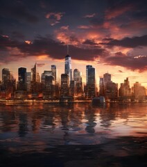 Fototapeta premium The New York City skyline at sunset, with the One World Trade Center tower standing tall against a dramatic sky filled with clouds and vibrant orange and red hues reflecting on the water.