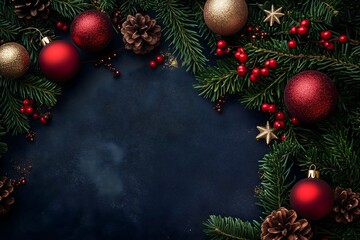 Festive Christmas Frame Background with Pinecones, Ornaments and Fir - Blank Space for Text or Message in Elegant Holiday Design