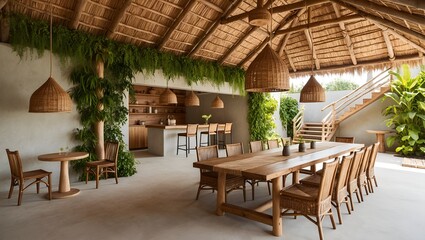 Obraz premium rustic, open-air dining area with a natural, earthy aesthetic. The layout features a long wooden dining table with wicker chairs, set under a thatched roof made of wooden slats and bamboo.