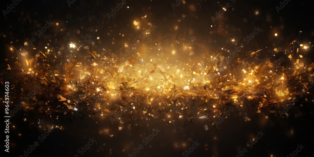 Poster a dynamic scene of golden particles or specks of light, scattered across a dark background. the part