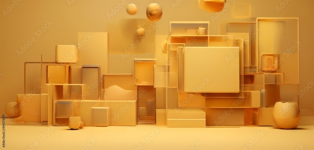 Poster geometric composition, featuring a variety of shapes and forms in a warm, yellow-toned palette. the 