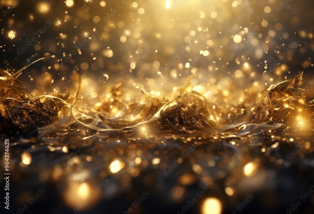 Poster a close-up view of a liquid surface, possibly water, with a shimmering golden hue. the surface appea
