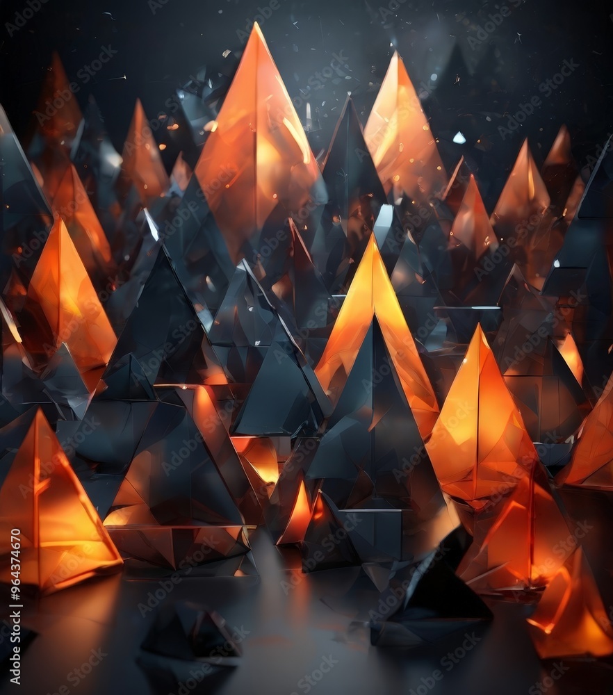Poster collection of triangular objects, predominantly black and orange, arranged in a chaotic manner again