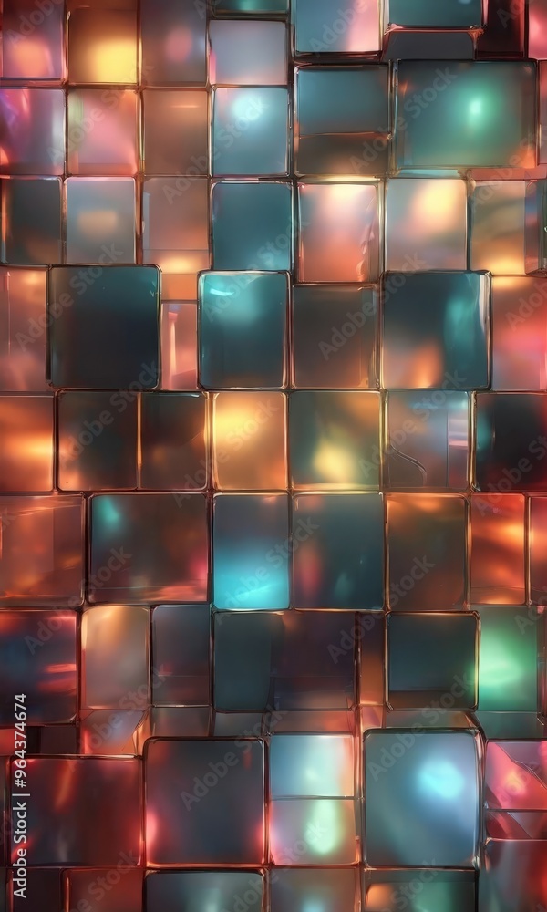 Poster vibrant and abstract pattern of overlapping cubes in various colors, including shades of orange, blu
