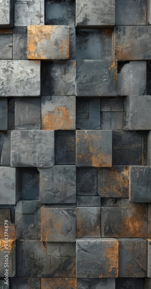 Poster a close-up view of a wall composed of numerous gray and orange cubes arranged in a grid-like pattern