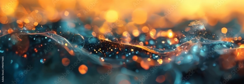 Poster close-up view of a water surface with a wave-like pattern, illuminated by a blend of orange and blue