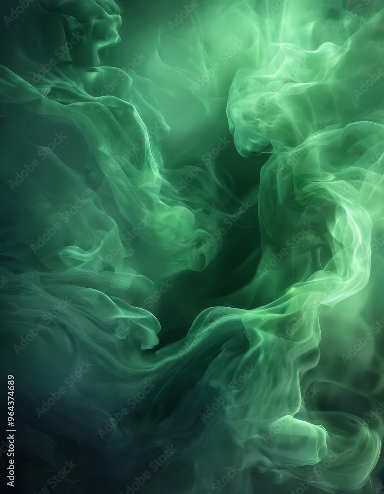 Poster swirling, ethereal green smoke that appears to be in motion, creating a sense of fluidity and dynami