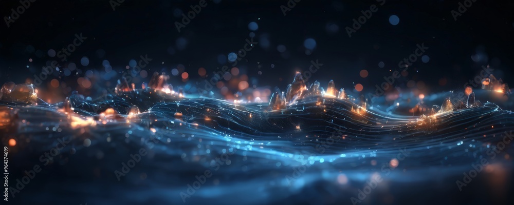 Poster a digital art piece featuring a wave-like pattern of glowing lines and shapes, with a dark backgroun