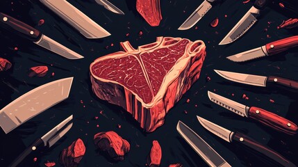 Raw steak surrounded by sharp knives in an artistic layout, representing carnivore diet and meat-focused eating.