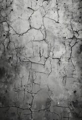 A monochromatic image of a cracked concrete wall, with visible cracks and stains, conveying a sense of age and wear.